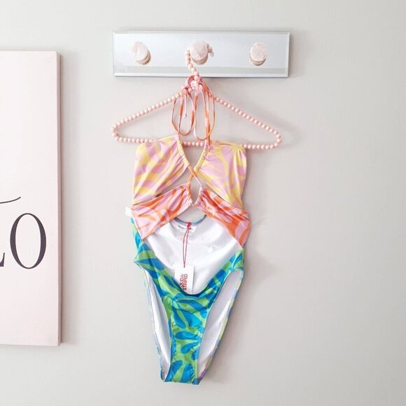 NWT Solid & Striped colourblock tropical print cut out one piece swimsuit, M - Picture 9 of 10